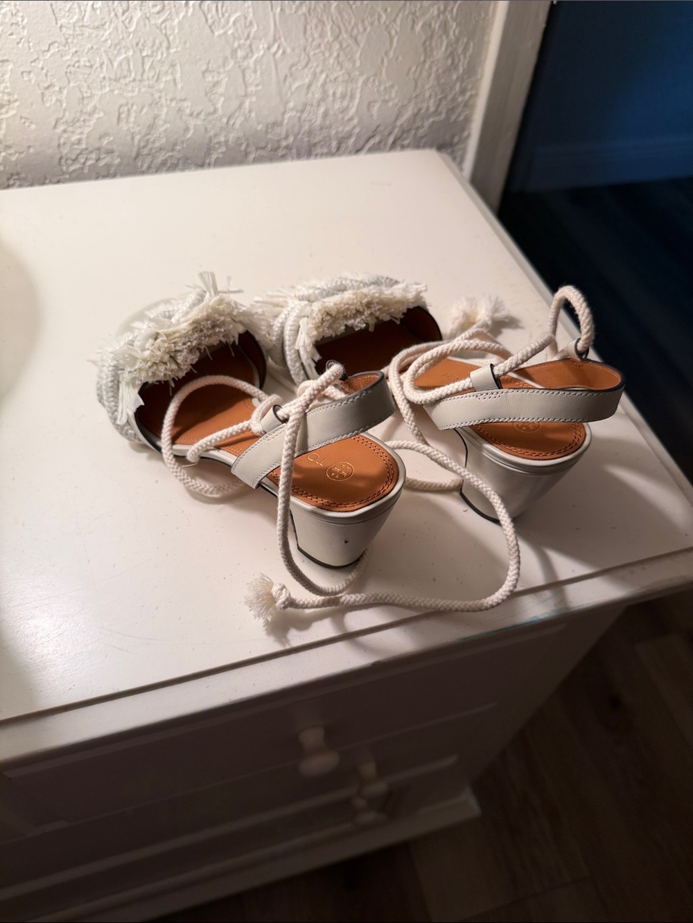 Tory Burch White Frayed Lace-Up Block Heel Sandals